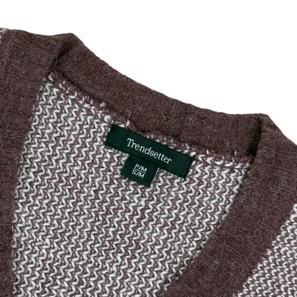 Trendsetter Geometric Knit Poncho Maroon White Boho Cozy Winter Small Medium - Picture 9 of 12